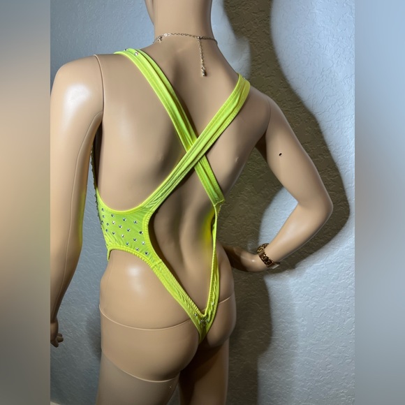 Neon Yellow Rhinestone One Piece - Picture 6 of 7